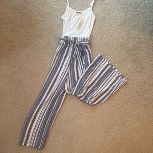 NWT Size Medium Love Squared one-piece romper- black, white & blue w/ tie waist